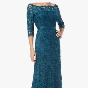 JS Collections Bateau Neck Lace Gown in Turquoise NWT